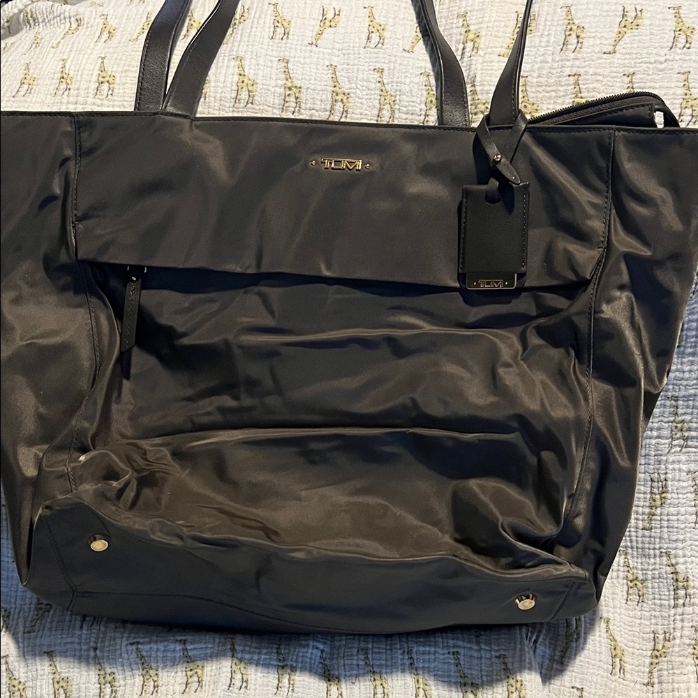 Tumi Gray Tote with Gold Logo leather handles zip top travel bag work laptop